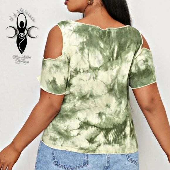 Plus Size ✦ Cold Shoulder Tie-Dye Tee ✦ Green/Cream Ribbed Lettuce Trim 4X NWT - Picture 2 of 7